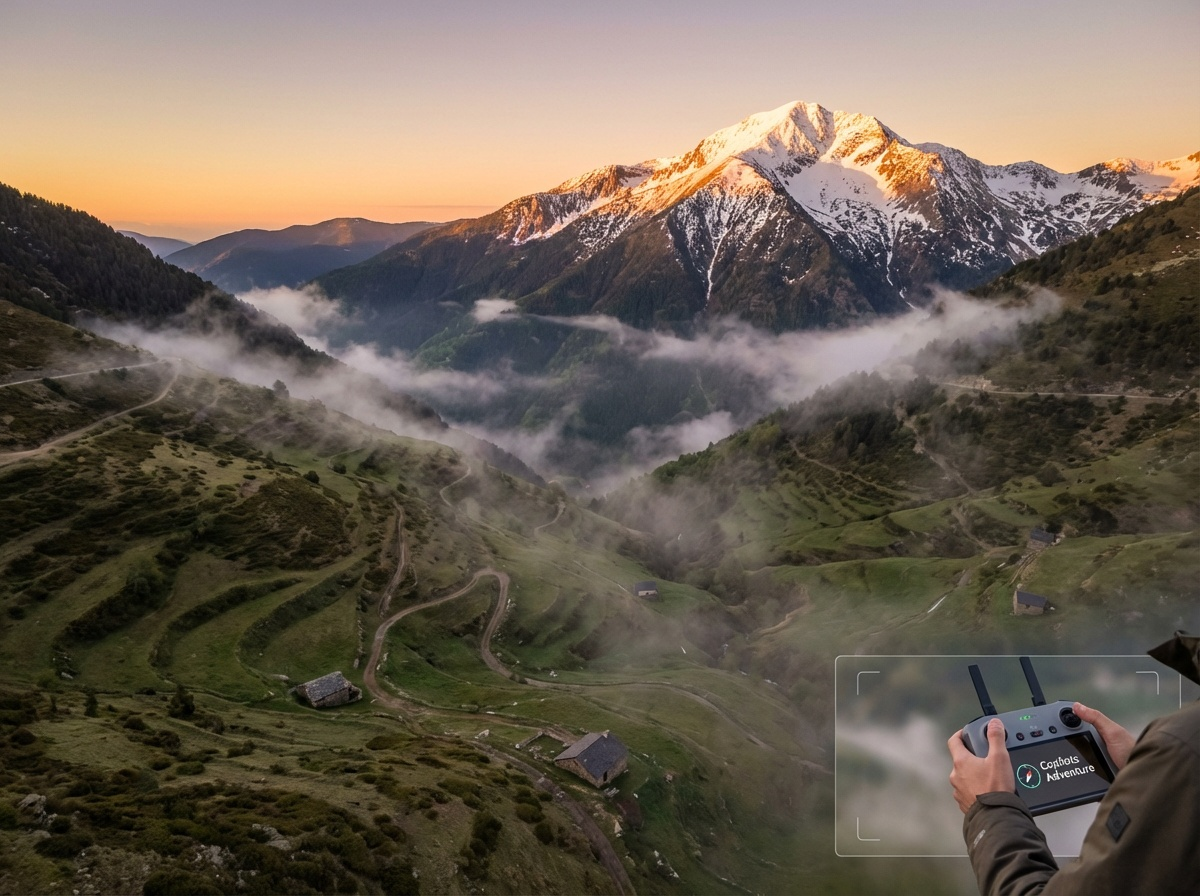Vista aérea de Andorra al atardecer: montañas nevadas, Roc del Quer y el valle iluminándose