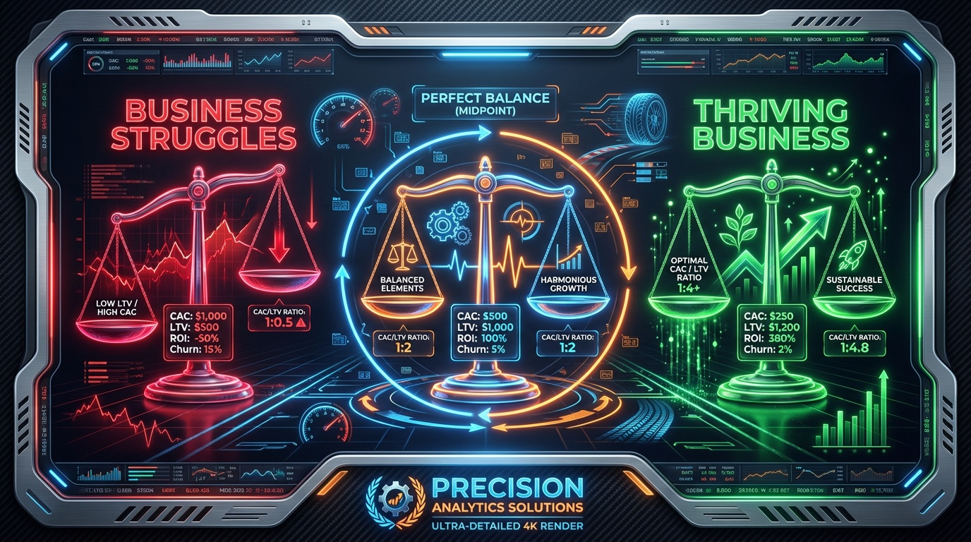 Infografía de balance: montaña izquierda desequilibrada con CAC €450/LTV €1,200 (malo), 
montaña derecha equilibrada con CAC €280/LTV €2,800 (bueno), sobre paisaje Andorra estilo Copilots