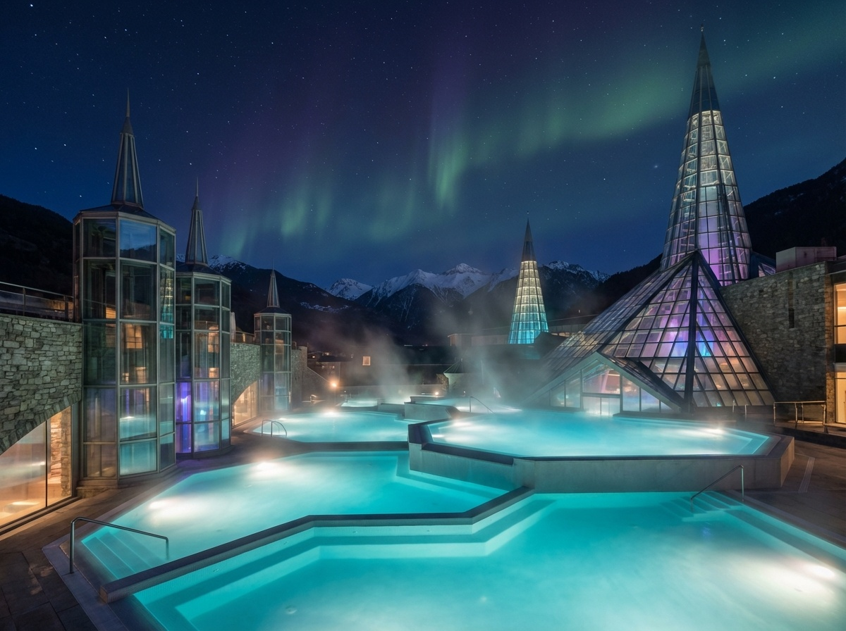 Caldea: piscinas termales de Andorra con vapor y arquitectura moderna iluminada de noche