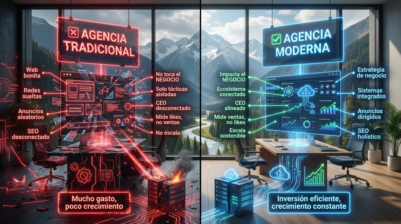 Tabla diferencias entre agencia tradicional y Copilots: audit estratégico, funnel, datos, training y resultados en 90 días